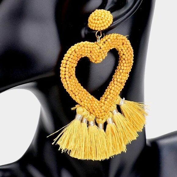 Seed Bead Heart Yellow Tassel Earrings - Picture 2 of 6